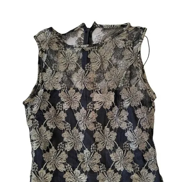 Vintage 1980s Column Dress Sheer Floral Overlay Black Slip Metallic Gold Black 6 - Picture 6 of 9